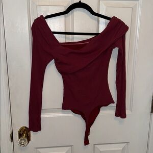 Privacy Please Off-Shoulder Long Sleeve Bodysuit in Burgundy